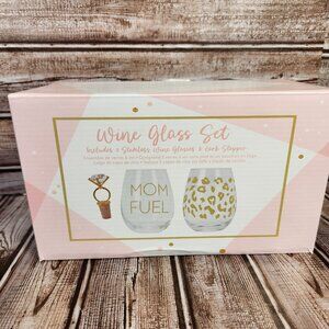Mom Fuel Cheetah Gold Print Stemless Wine Glass & Cork Stopper Gift Set NIB NEW